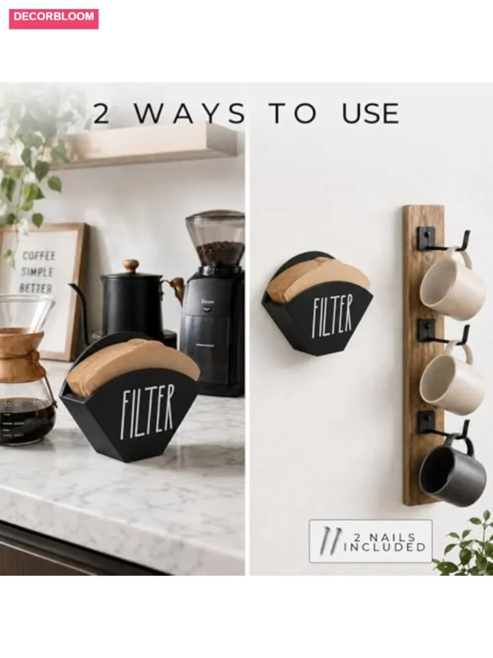 Wood Coffee Filter Holder Farmhouse Cone Storage Organizer Wall Mount